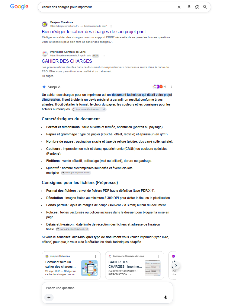 aperçu IA Google sur requête cahier des charges imprimeur